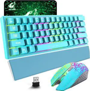 Wireless Keyboard and Mouse,61 Key Rainbow Backlit Gaming Keyboard with Keyboard Wrist Rest,Rechargeable 4000mAh,Mechanical Feel,Ergonomic,Quiet,RGB Mute Mice for PS4,Xbox One,Desktop,PC(Blue)