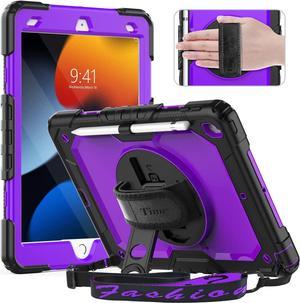 iPad 9th/ 8th/ 7th Generation Case (iPad 10.2 Case, iPad 9/8/ 7 Gen Case): with Strong Protection, Screen Protector, Hand Strap, Shoulder Strap, 360° Rotating Stand, Pencil Holder - Purple