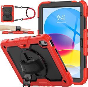 Pad 10th Generation Case 10.9'', Full-Body Drop Protection Case with Screen Protector Pen Holder [360° Rotate Hand Strap/Stand] for Pad 10th Generation 10.9 inch 2022 (Black+Red)