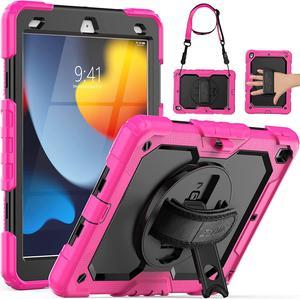 iPad 9th/ 8th/ 7th Generation Case 10.2" 2021/2020/2019, Full-Body Shockproof Heavy Duty Protective Case with Screen Protector, Rotating Stand/Handle/Shoulder Strap for iPad 10.2, Pink