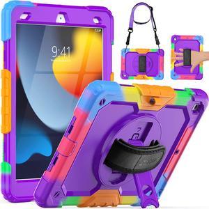 Kids Case for iPad 9th/8th/7th Generation 10.2 Inch with Screen Protector, Rotatable Hand Strap/Stand, Shoulder Strap, Shockproof Heavy Duty Protective Case for iPad 10.2, Colorful Purple