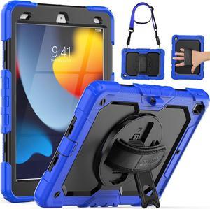 iPad 9th/ 8th/ 7th Generation Case 10.2" 2021/2020/2019, Full-Body Shockproof Heavy Duty Protective Case with Screen Protector, Rotating Stand/Handle/Shoulder Strap for iPad 10.2, Blue/Black