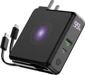 Sanag Portable Charger with AC Wall Plug & Built-In Cables,10000mAh USB C Power Bank with Wireless Charger,LED Display,4 Output 2 Input Power Pack Charging Compatible with Samsung iPhone Android Phone