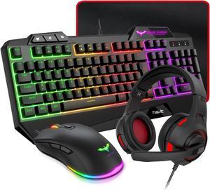 Wired Gaming Keyboard and Mouse Headset Combo,Rainbow LED Backlit Wired  Keyboard,Over Ear Headphone with Mic,Rainbow Backlit Gaming Mice,Mouse Pad,for  PC,Laptop,Mac,PS4,Xbox(Black) 