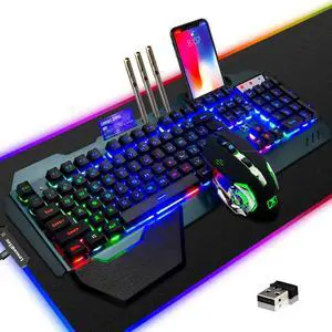 Wireless Gaming Keyboard Mouse & Mouse Pad Combo,3 in 1 Rainbow Backlit Rechargeable Keyboard with 3800mAh Battery Metal Panel Removable Hand Rest,RGB Gaming Mouse Pad(32.5x12 inch),Mute Gaming Mice