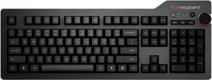 Das Keyboard 4 Root Wired Mechanical Keyboard, Cherry MX Blue Mechanical Switches, 2-Port USB 2.0 Hub, Laser Etched Keycaps, Volume Knob, Aluminum Top (104 Keys, Black)