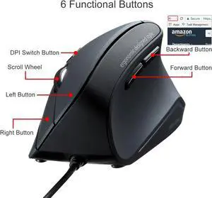 SANWA Wired Ergonomic Mouse, Optical Vertical Computer Mice, Reduce Wrist Strain, (1000/1600 Adjustable DPI, 6 Buttons) Compatible with MacBook, Laptop, Desktop, Windows, Mac OS for Office & Gaming