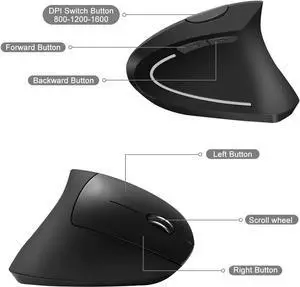 Vassink Ergonomic Mouse Rechargeable Wireless Mouse 2.4GHz Rechargeable Wireless Vertical Optical Mice with USB Receiver 6 Buttons 800/1200/1600 DPI for Laptop PC Computer Black