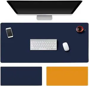 Multifunctional PU Leather Lager Desk Pad Protector 35.4''x15.7'' Ultra-Smooth Waterproof Mouse Pad Writing Mat Gaming Computer Desk Mat (Blue/Yellow)