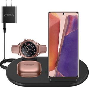 Wireless Charger 3 in 1, Wireless Charging Station for Samsung Galaxy Watch Active 2 Galaxy Watch 3 and Galaxy Buds Pro, Fast Charger Stand Dock Compatible with iPhone Samsung Galaxy S20 S10 (Black)