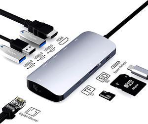 USB C Hub Ethernet Port USB C Adapter GIGABIT 1000M Rj45 8in1 multiport 60W Fast charging-4K HD-MI to 5Gbps Data Transfer,SD/TF, USB C Hub_Flat