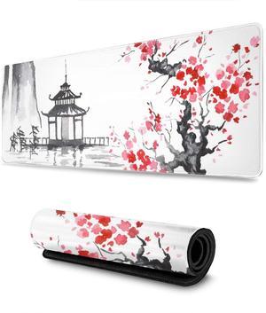 Black and White Japanese Sumi-E Painting Cherry Blossom Temple Art Gaming Mouse Pad XL Extended Large Mouse Mat Desk Pad Stitched Edges Mousepad Long Non-Slip Rubber Base Mice Pad 31.5 X 11.8 Inch