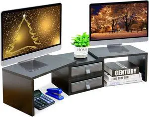 TEAMIX Dual Monitor Stand Riser with 2 Drawers-Length and Angle Adjustable 3 shelf Monitor Riser with Storage Desk Organizer Large Computer Monitor Stand for 2 Monitors/Laptop/PC,Wood Screen/TV Stand