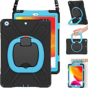 iPad 9/8/7 Generation Case,Hybrid Shockproof Case with Pencil Holder, Handle Grip, Kickstand, Strap, Screen Protector, Pencil Cap Holder for iPad 10.2\u201d 9th/8th 7th Gen 2021/2020/2019-Black+Blue