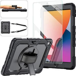 iPad 9th/8th/7th Generation Case, iPad 10.2 Case 2021/2020/2019, [Kid Proof] Full Body Protective Case with 9H Tempered Glass Screen Protector, 360° Rotatable Kickstand & Hand Strap (Black)