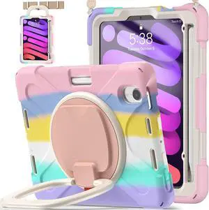 BATYUE Case for iPad mini 7 (A17 Pro) 2024/ iPad mini 6 (A15 Bionic) 2021 8.3 inch, Shockproof Case for iPad mini 7th/6th Gen with Pencil Holder/ 360° Swivel Stand/Shoulder Strap - Colourful Pink