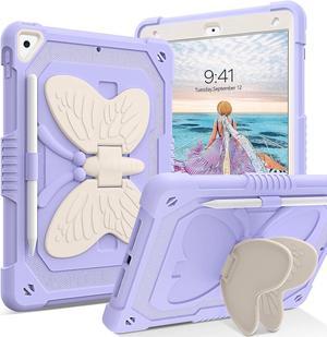 iPad 9th 8th 7th Generation Case, iPad 10.2 Inch Case 2021/2020/2019, iPad Air 3rd Gen Case with Pencil Holder Butterfly Kickstand Kids Girls Women Shockproof Protective Cover, Purple/Beige