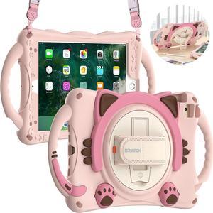 Kids Case for iPad Mini 5/4/3/2/1, Silicone Shockproof Protective Boy Girl Cute Cover with Pencil Holder, Handle Grip, Hand Strap, Kickstand, Shoulder Strap for Apple iPad Mini 7.9 Inch-Pink