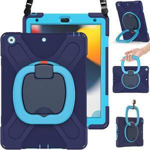 iPad Case 9th/8th/7th Generation,Rugged Kids Friendly Silicon Case with Folding Stand/Handle Grip Pencil Holder Shoulder Strap Screen Protector Pencil Cap Holder for iPad 10.2 9/8/7 -Navy Blue