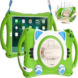 Kids Friendly Case for iPad 8th 7th Gen 10.2 2020 2019,Rubber Protective Cover with Carrying Strap, Handle Grip, Pencil Holder, Hand Strap, Kickstand for Apple iPad Air/Pro 10.5 2019/2017-Green