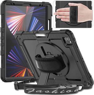 iPad Pro 12.9 Case (iPad Pro 12.9 Inch 3rd/ 4th/ 5th/ 6th Generation Case): with Strong Protection, Screen Protector, Hand Strap, Shoulder Strap, Rotating Stand, Pencil Holder - Black