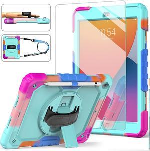 iPad 9th8th7th Generation Case iPad 102 Case 202120202019 Kid Proof Full Body Protective Case with 9H Tempered Glass Screen Protector 360 Rotatable KickstandHand Strap Teal Blue