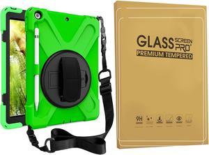 Bundle-iPad 8th/7th Generation 10.2 Case with Tempered Glass Screen Protector Pencil Holder Kickstand Hand Strap and Shoulder Strap, Green