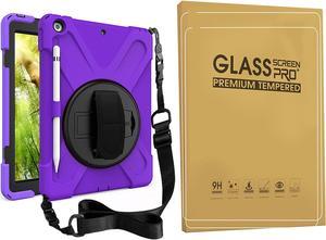 Bundle-iPad 8th/7th Generation 10.2 Case with Tempered Glass Screen Protector Pencil Holder Kickstand Hand Strap and Shoulder Strap, Purple