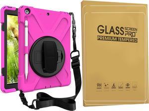 Bundle-iPad 8th/7th Generation 10.2 Case with Tempered Glass Screen Protector Pencil Holder Kickstand Hand Strap and Shoulder Strap, Rose