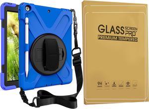 Bundle-iPad 8th/7th Generation 10.2 Case with Tempered Glass Screen Protector Pencil Holder Kickstand Hand Strap and Shoulder Strap, Blue