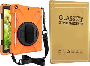 Bundle-iPad 8th/7th Generation 10.2 Case with Tempered Glass Screen Protector Pencil Holder Kickstand Hand Strap and Shoulder Strap, Orange