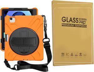 iPad Air 4th Generation 10.9 Case 2020, iPad Pro 11 inch Case 2021/2020/2018 with Glass Screen Protector Screen Pencil Holder Stand Hand Strap Shoulder Belt,Orange