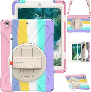 iPad Case 6th 5th Generation for Kids, iPad 6th / 5th Gen Case, Rugged Kids Friendly Case with Pencil Holder, Shoulder Strap, Hand Strap, Kickstand for Apple iPad 9.7\u201d 2018/2017 -Light Rainbow