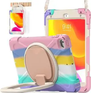 BATYUE iPad mini 5 Case - iPad mini 4 Case; Heavy Shockproof Drop Case with Pencil Holder/ 360° Swivel Stand/Shoulder Strap; Cover for iPad mini 5th/4th Generation 7.9 Inch; for Kids (Colourful Pink)