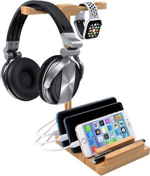 Bamboo Charging Station with Dual Hanger for Desktop Gaming Headset or Apple Watch. 3 Pcs Different Version Charging Cable Included.