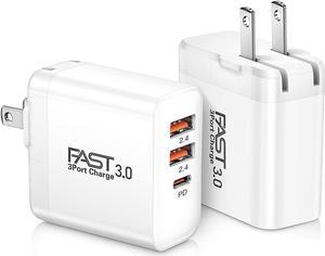USB C Charger 2Pack, iSeekerKit 30W 3-Port Fast Type C Wall Charger Block with PD 3.0 + 5V/2.4A Foldable USB C Charging Block Plug Compatible for iPhone 14/13/Pro Max/Samsung Galaxy/Pixel 7-White