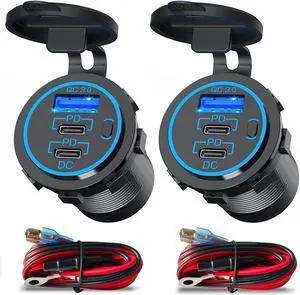 USB C Car Charger Socket 12V USB Outlet 2 Pack 78W RV USB Outlet Dual 30W PD USB-C and 18W QC3.0 Car USB Port with Button Switch Waterproof for Car RV Boat Marine Truck Motorcycle ect