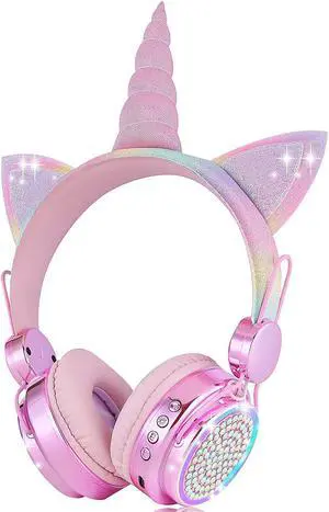 Kids Wireless Headphones for Girls Children Teens, LED Light Up Bluetooth Unicorn Headphones with Microphone for School/Xmas/Online Study/Unicorn Gifts (Pink Wireless)