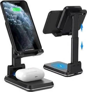 2 in 1 Wireless Charger, Dual Wireless Charging Desk Phone Stand,10W Qi Fast-Charging Foldable Tablet Stand for iPhone 12/11/MAX/XS/XR/X/8,AirPods/Pro, Galaxy S21/S20/S10/S9