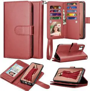 Takfox Wallet Case for iPhone 11, iPhone 11 6.1 Leather Wallet Case with ID Credit Card Holder Slots Folio Flip Kickstand Detachable Magnetic Phone Case & Carrying Wrist Strap for iPhone 11-Wine Red
