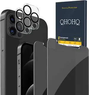 QHOHQ 2 Pack Privacy Screen Protector for iPhone 12 Pro 6.1" with 2 Packs Camera Lens Protector,Full Screen Tempered Glass Film,9H Hardness Anti-Shatter, Anti Spy, Touch Sensitive - Case Friendly