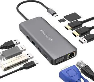 KEYMOX USB-C Laptop Docking Station, USB-C Hub, 11in1 Triple Display (Dual 4K HDMI&VGA) Type-C Adapter for HP Dell MacBook Pro and Windows (1Gbps Ethernet LAN, 100W PD, 4 x USB, SD TF Card Reader)