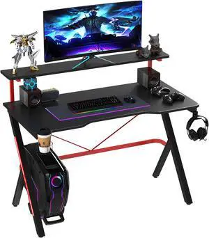 HOMCOM 47 Inch Gaming Desk Racing Computer Desk Home Office Workstation with Elevated Monitor Shelf Rotatable Cup Holder Headphone Hook, Black