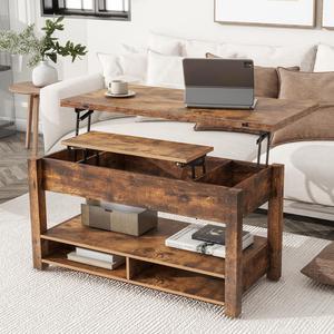 Lift Top Coffee Table MultiFunctional Coffee Table with Open Shelves Modern Lift Tabletop Dining Table for Living Room Home Office Rustic Brown