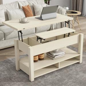 Lift Top Coffee Table MultiFunctional Coffee Table with Open Shelves Modern Lift Tabletop Dining Table for Living Room Home Office Rustic Ivory