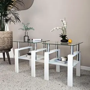 Set of 2, Modern Tempered Glass Tea Table Coffee Table End Table, Square Table for Living Room, Transparent/White Set of 2, Modern Tempered Glass Tea Table Coffee Table End Table, Square Table for Living Room, Transparent/White