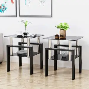 Set of 2, Modern Tempered Glass Tea Table Coffee Table End Table, Square Table for Living Room, Black Set of 2, Modern Tempered Glass Tea Table Coffee Table End Table, Square Table for Living Room, Black