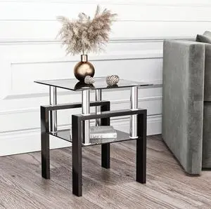 1-Piece Modern Tempered Glass Tea Table Coffee Table End Table, Square Table for Living Room, Black