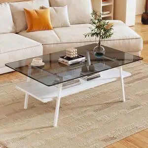 Rectangle Coffee Table, Tempered Glass Tabletop with White Metal Legs, Modern Table for Living Room , Gray Glass Rectangle Coffee Table, Tempered Glass Tabletop with White Metal Legs, Modern Table for Living Room , Gray Glass