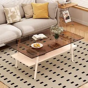 Rectangle Coffee Table, Tempered Glass Tabletop with White Metal Legs, Modern Table for Living Room , Brown Glass Rectangle Coffee Table, Tempered Glass Tabletop with White Metal Legs, Modern Table for Living Room , Brown Glass